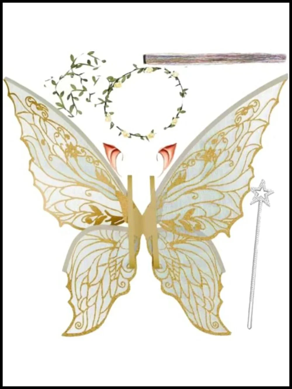 Fairy Costume Set with Wings, Wand, Floral Garland, Tinsel & Elf Ears –